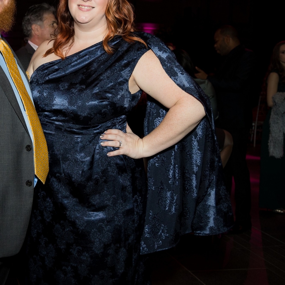 Navy jacquard one-shoulder evening dress